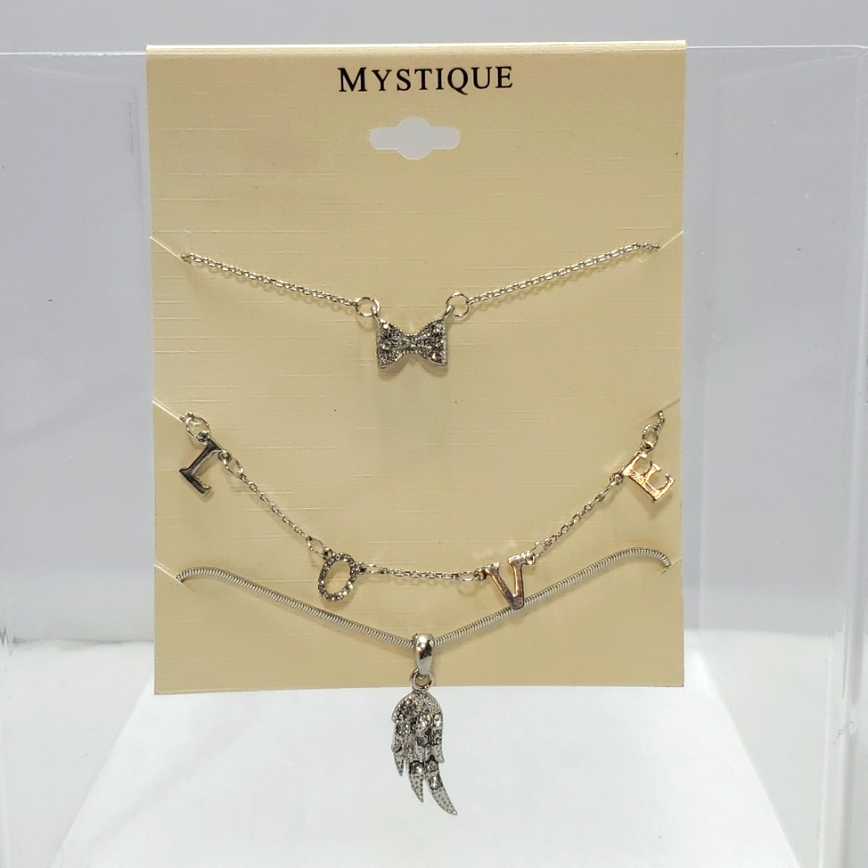 Mystique Silver 3 Pc Neck Set Bow,Wing,Love